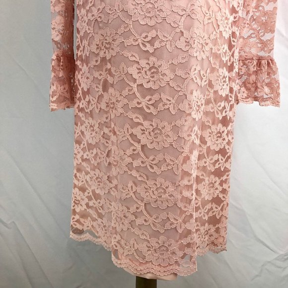 Vintage Handmade Lace Pink Dress Long Sleeve Bow Front Metal Zipper 60s - Picture 8 of 13